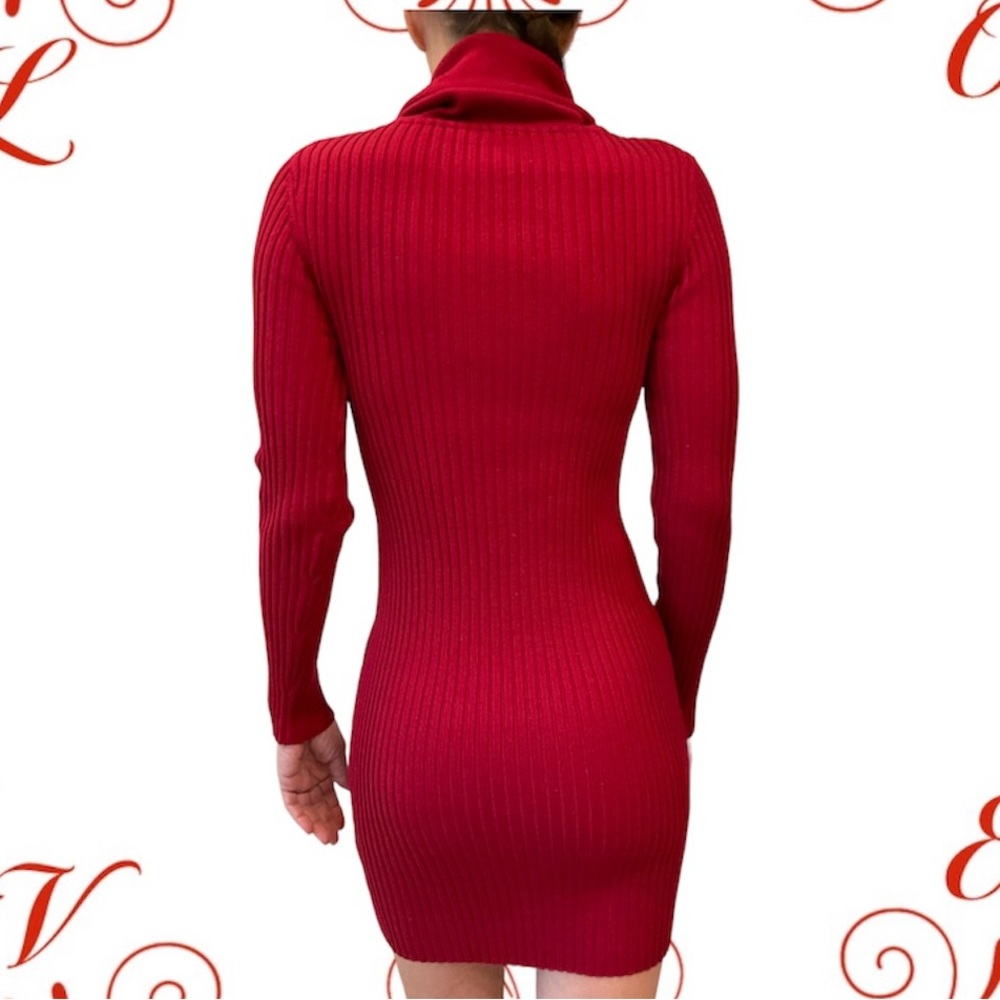 Valentine Red Sweater Dress Bodycon Fit Long Sleeve, Cow Neck, Short Length Sz S - Picture 2 of 11